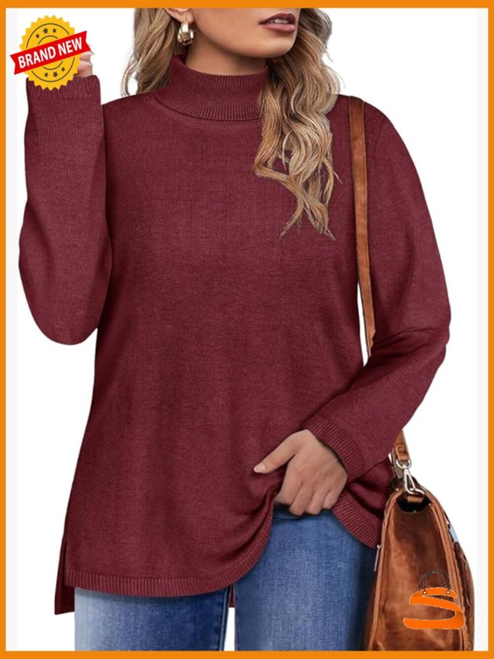 Plus Size Turtleneck Sweater Long Sleeve Split Hem Pullover Soft Knit
